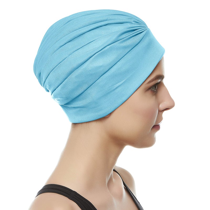 Beemo Swim Caps for Women Swimming Turban Polyester Latex Lined Pleated for Ladies - Turquise - Image 3
